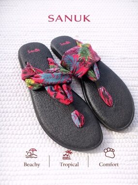 Sanuk Yoga Sling Sandals Tropical Print Black Pink Sz 9